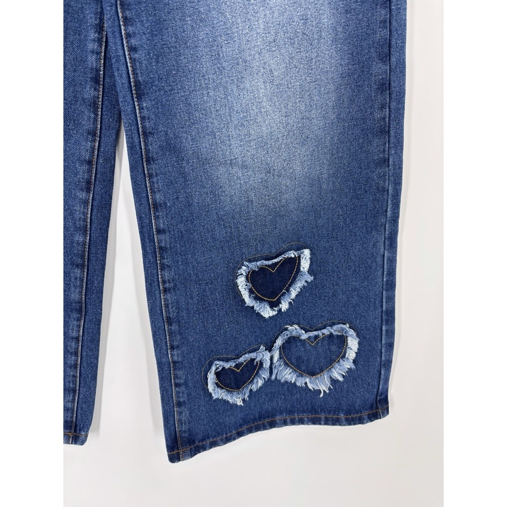 Womens Wide Leg Heart patchwork Denim Jeans Medium Wash Y2K Coquette Size Small - Picture 7 of 13